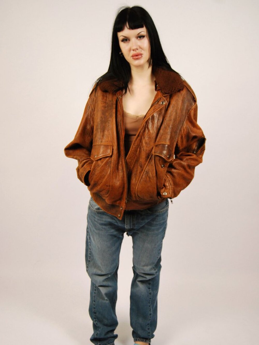 80s Pilot Leather Jacket (XL) brown vintage mens distressed fur trim bomber cool